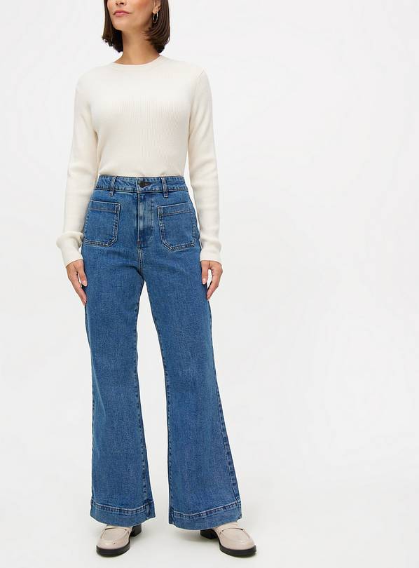 Mid Blue High Waisted Flared Denim Jeans 18S